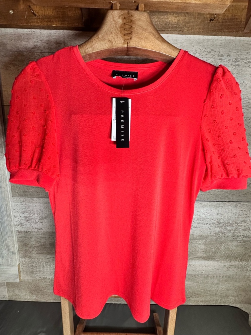 Premise Short Puff Sleeve Mixed Media Knit Top Fireball Red Size Small